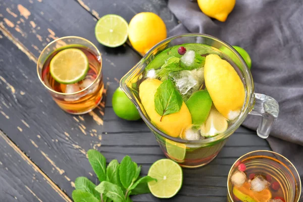 Jug Tasty Cold Tea Wooden Table — Stock Photo, Image