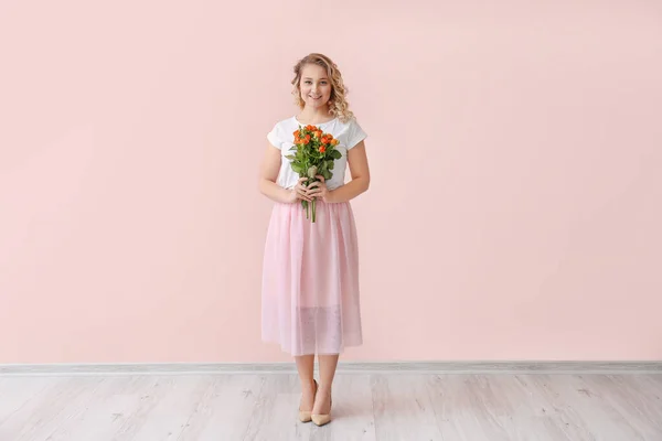 Beautiful Young Woman Bouquet Flowers Color Wall — Stock Photo, Image