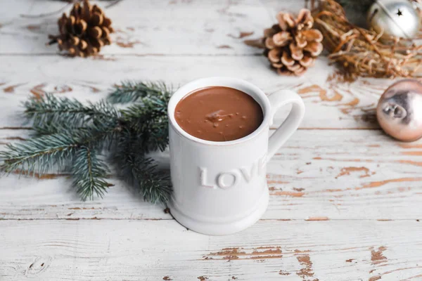 Cup Hot Chocolate Christmas Decor Table — Stock Photo, Image