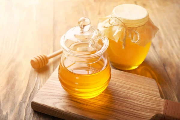 Jars Sweet Honey Wooden Background — Stock Photo, Image