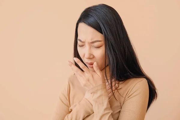 Coughing Asian Woman Color Background Concept Epidemic — Stock Photo, Image