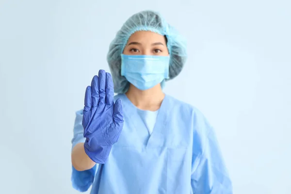 Asian Doctor Showing Stop Gesture Color Background Concept Epidemic — Stock Photo, Image