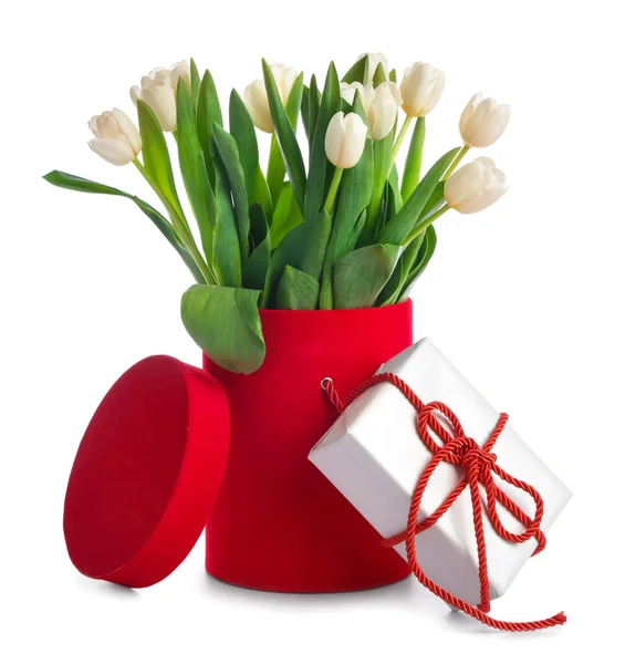 Gift Beautiful Flowers White Background — Stock Photo, Image
