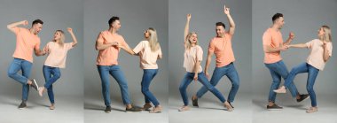 Gri arka planda dans eden çift.