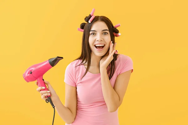 Beautiful Emotional Young Woman Hair Dryer Color Background — Stock Photo, Image