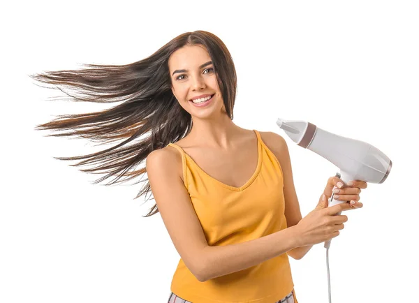 Mulher Bonita Com Secador Cabelo Fundo Branco — Fotografia de Stock