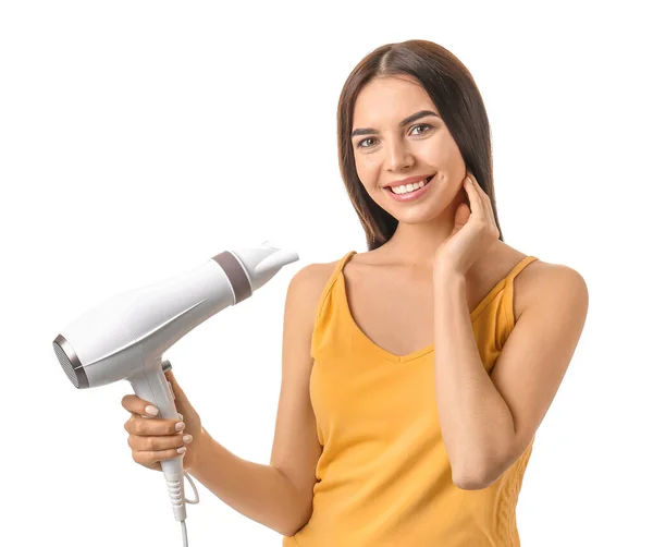 Mulher Bonita Com Secador Cabelo Fundo Branco — Fotografia de Stock