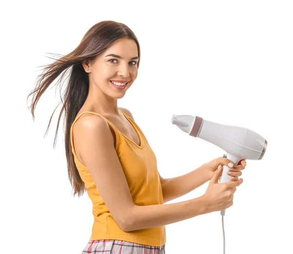 Mulher Bonita Com Secador Cabelo Fundo Branco — Fotografia de Stock