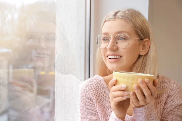 Beautiful Young Woman Drinking Tea Window — Stock Photo, Image