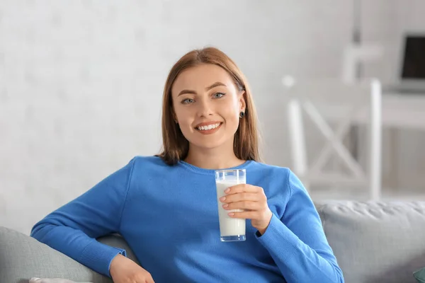 Young Woman Warm Sweater Drinking Milk Home — Stock Photo, Image