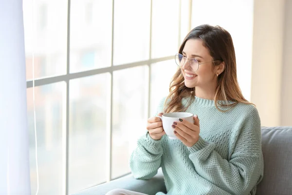Young Woman Warm Sweater Drinking Tea Home — Stock Photo, Image