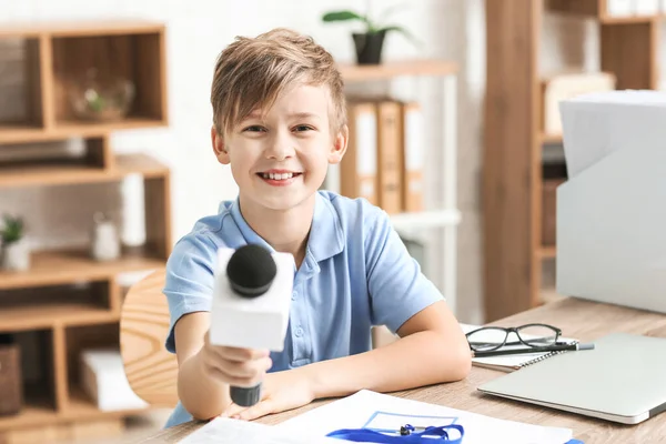 Little Journalist Microphone Having Interview Office — 스톡 사진