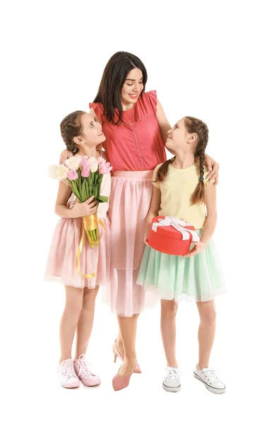 Woman Her Little Daughters Gifts White Background Mother Day Celebration — Stock Photo, Image