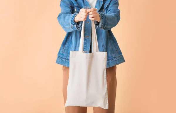 Woman Eco Bag Color Background — Stock Photo, Image