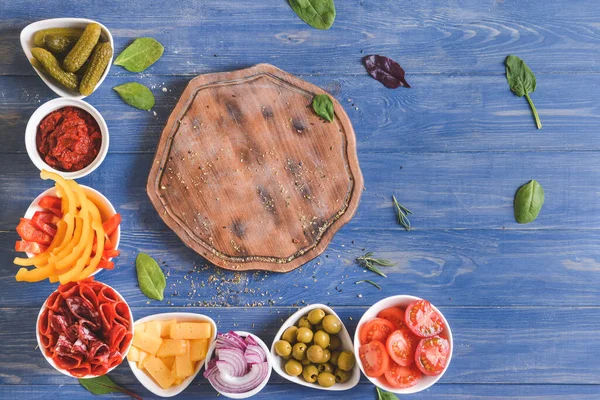 Ingredients Tasty Pizza Board Wooden Background — Stock Photo, Image