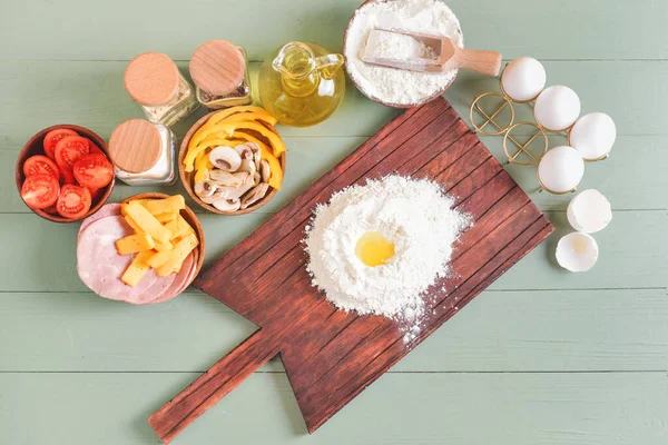 Ingredients Tasty Pizza Color Wooden Background — Stock Photo, Image