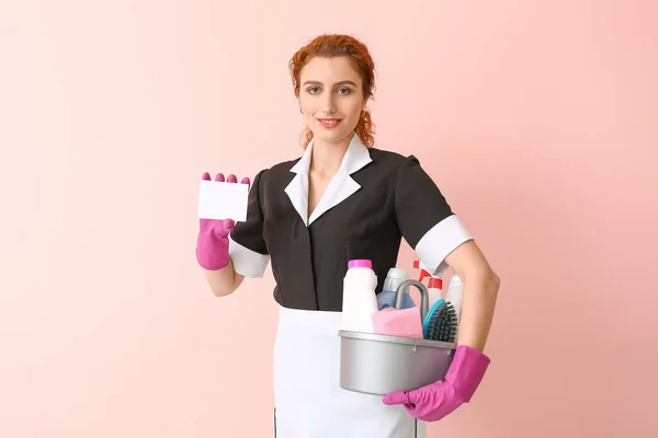 Beautiful Young Chambermaid Business Card Cleaning Supplies Color Background — Stock Photo, Image