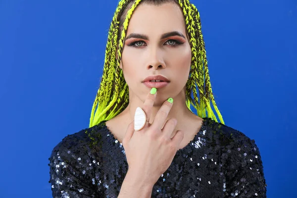 Portrait Young Transgender Woman Color Background — Stock Photo, Image