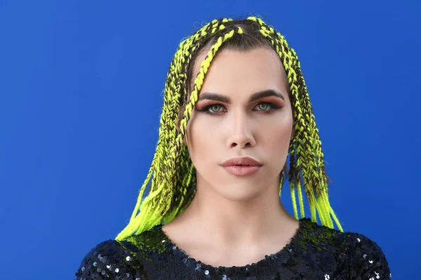 Portrait Young Transgender Woman Color Background — Stock Photo, Image