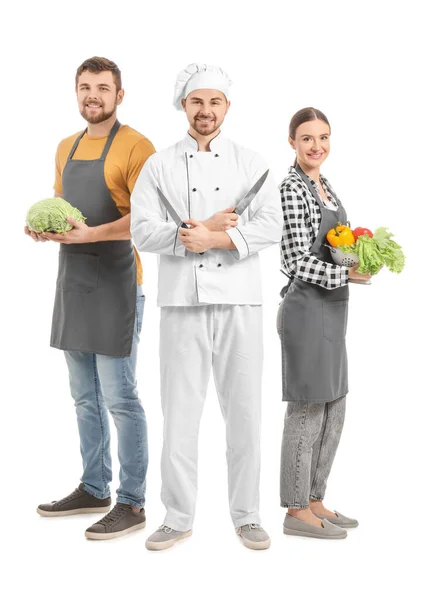 Chef Masculino Con Participantes Clases Cocina Sobre Fondo Blanco —  Fotos de Stock