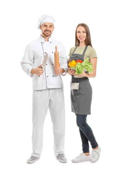 Chef Masculino Con Participante Clases Cocina Sobre Fondo Blanco — Foto de Stock