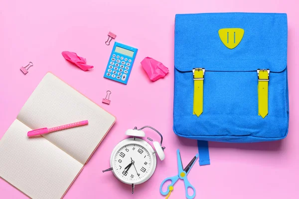 School Backpack Stationery Color Background — Stock Photo, Image