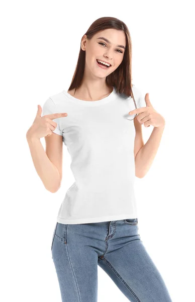 Mujer Con Elegante Camiseta Sobre Fondo Blanco — Foto de Stock
