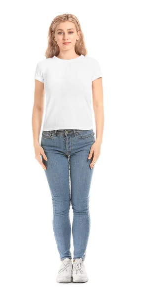 Frau Stylischen Shirt Auf Weißem Hintergrund — Stockfoto