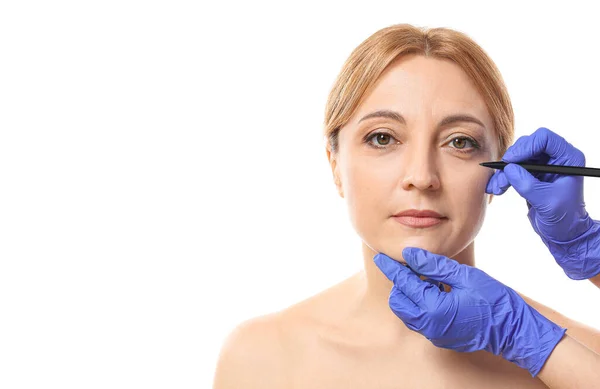 Plastic Surgeon Applying Marks Woman Face White Background — Stock Photo, Image