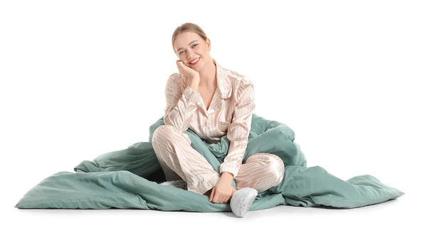 Junge Frau Mit Decke Auf Weißem Hintergrund — Stockfoto