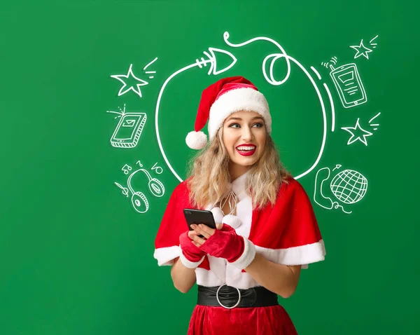 Belle Jeune Femme Habillée Père Noël Avec Téléphone Portable Sur — Photo