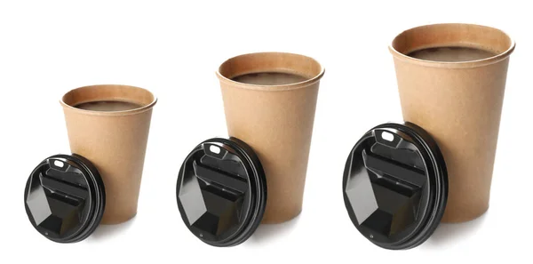 Olika Storlek Hämtmat Kaffekoppar Vit Bakgrund — Stockfoto
