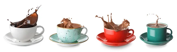 Cups Splashing Cocoa Drink Isolated White — Stock Photo, Image