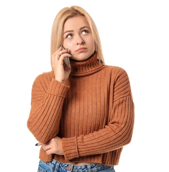 Hermosa Mujer Joven Hablando Por Teléfono Móvil Sobre Fondo Blanco —  Fotos de Stock