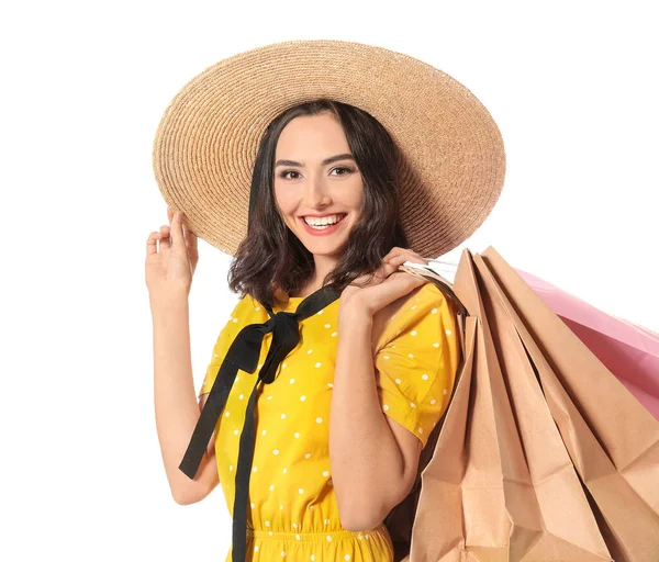 Mooie Jonge Vrouw Met Boodschappentassen Witte Achtergrond — Stockfoto