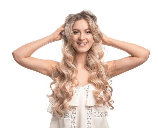 Красивая Молодая Женщина Вьющимися Волосами Белом Фоне — стоковое фото