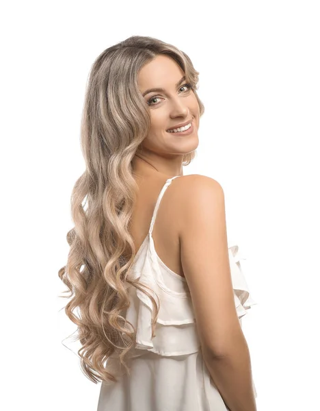 Bela Jovem Mulher Com Cabelo Encaracolado Fundo Branco — Fotografia de Stock