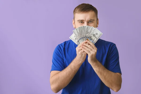 Handsome Young Man Money Color Background — Stock Photo, Image