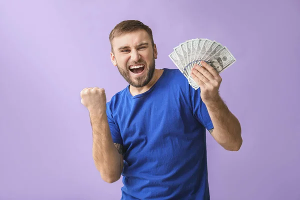 Happy Young Man Money Color Background — Stock Photo, Image