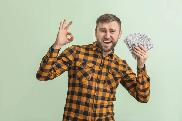 Handsome Young Man Money Showing Color Background — Stock Photo, Image