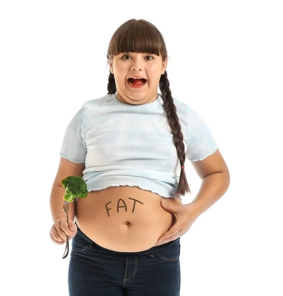 Chica Con Sobrepeso Emocional Con Brócoli Saludable Sobre Fondo Blanco — Foto de Stock