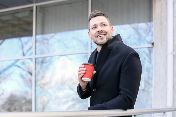 Handsome Man Cup Coffee Outdoors — Stock Photo, Image