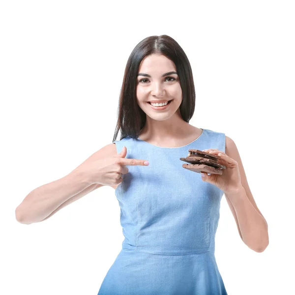 Vacker Ung Kvinna Med Choklad Vit Bakgrund — Stockfoto