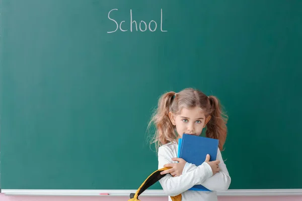 Cute Little Schoolgirl Blackboard Classroom — Stock Photo, Image