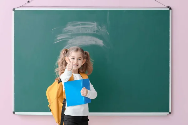 Cute Little Schoolgirl Blackboard Classroom — Stock Photo, Image