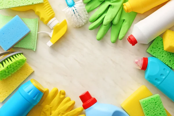 Set Cleaning Supplies Light Background — Stock Photo, Image