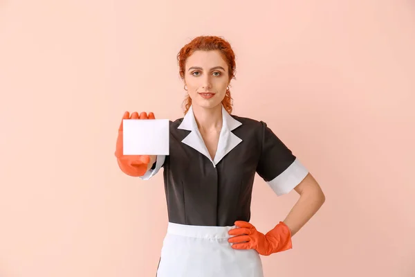 Beautiful Young Chambermaid Business Card Color Background — Stock Photo, Image