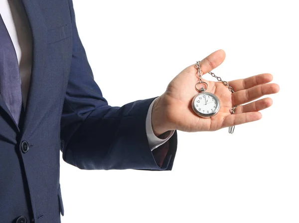 Hombre Negocios Con Reloj Bolsillo Sobre Fondo Blanco Concepto Gestión — Foto de Stock