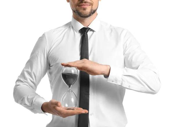 Businessman Hourglass White Background Time Management Concept — Stock Photo, Image