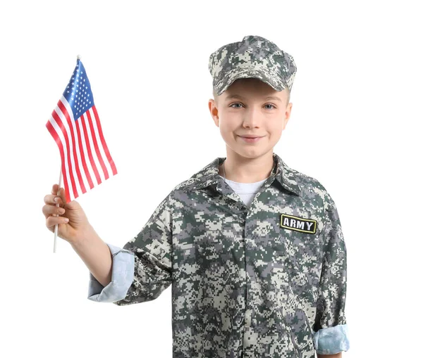 白底上挂着美国国旗的可爱小兵 — 图库照片